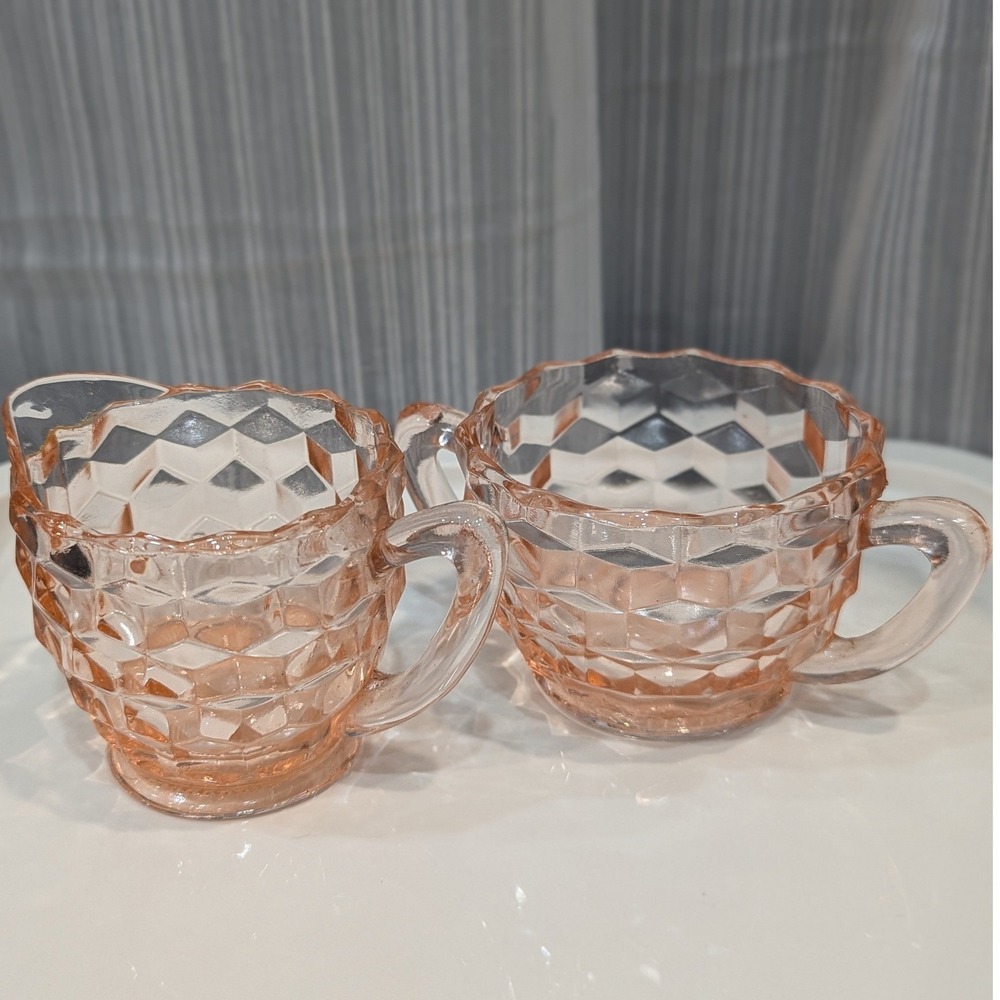 Vintage Pink Depression Glass Creamer and Sugar Bowl Set Windsor Diamond Pattern